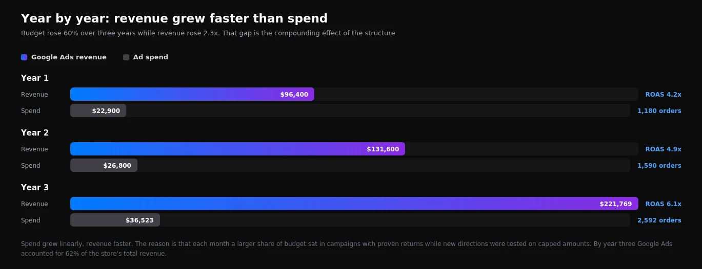 Year-on-year revenue and spend from Google Ads for the cosmetics store, with ROAS rising from 4.2 to 6.1