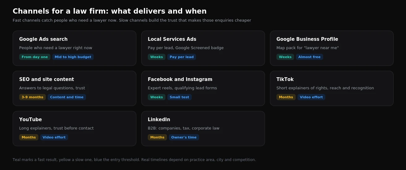 Marketing channels for a law firm: speed of results and entry threshold