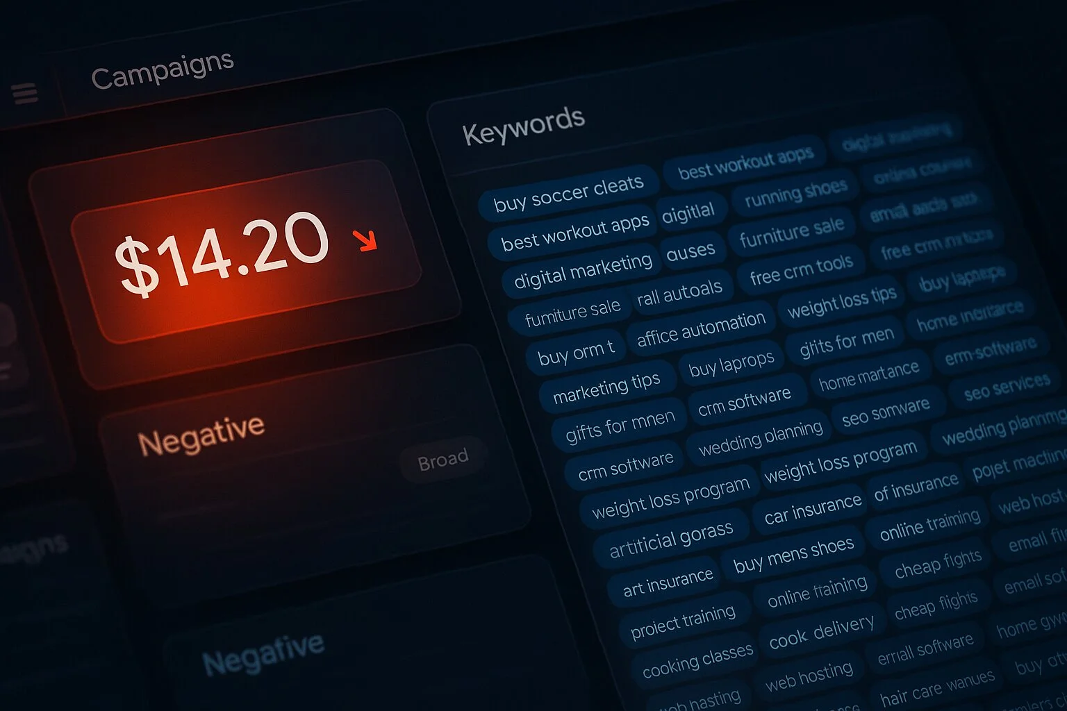 Messy Google Ads account: broad match, no negative keywords, $14.20 cost per lead